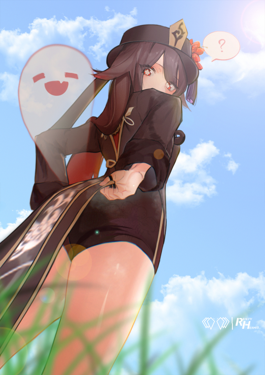 1girl ? absurdres artist_logo black_hat black_shirt black_shorts blue_sky boo_tao_(genshin_impact) brown_hair chinese_clothes commentary cowboy_shot day english_commentary flower flower-shaped_pupils from_behind from_below genshin_impact ghost grass hat hat_flower highres hu_tao_(genshin_impact) logo long_hair long_sleeves looking_at_viewer looking_back looking_down red_eyes red_flower rustyhermitco shirt shorts sky solo spoken_question_mark standing symbol-shaped_pupils