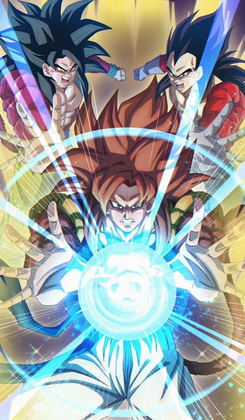 big_bang_kamehameha black_hair blue_eyes brown_hair dragon_ball dragon_ball_gt gogeta green_eyes highres kamehameha_(dragon_ball) muscular muscular_male red_hair super_saiyan super_saiyan_4 tagme tail yellow_eyes