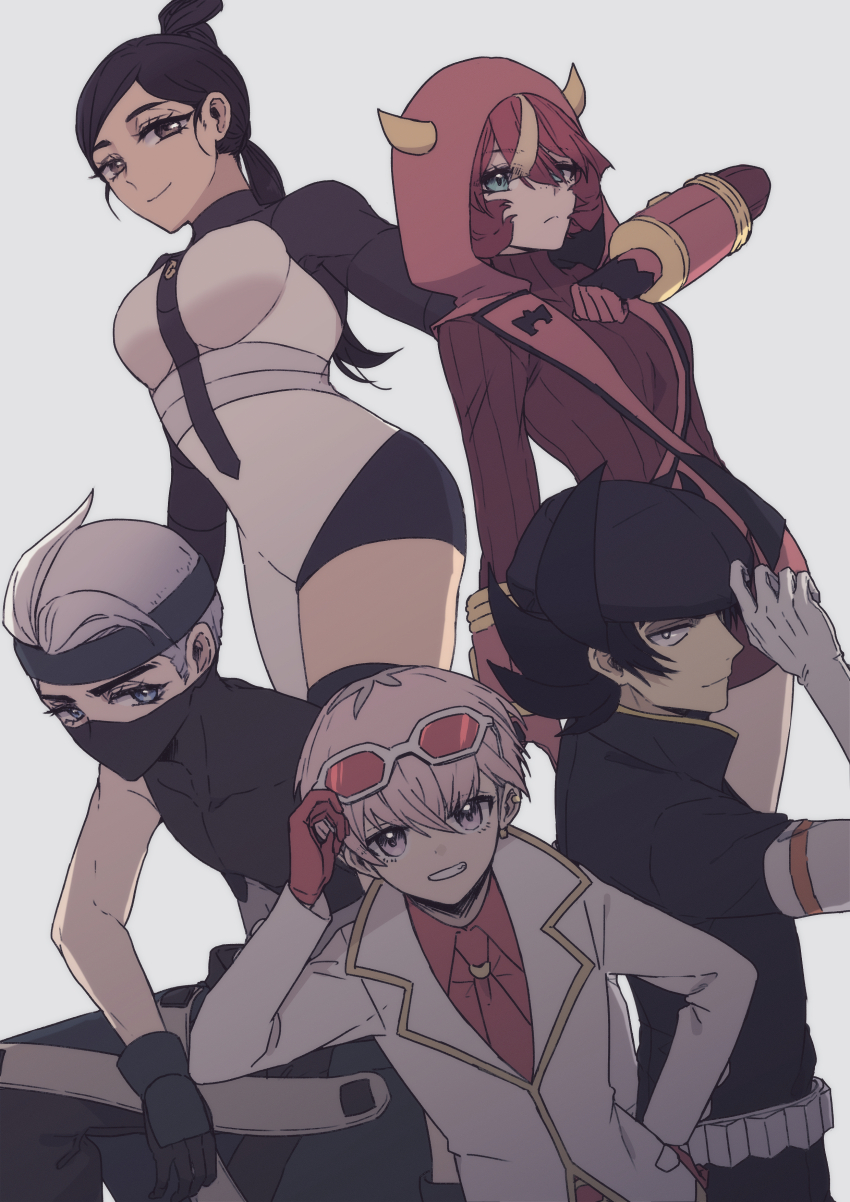 2girls 3boys absurdres adjusting_eyewear atticus_(pokemon) black_gloves black_hair black_hat black_headband black_mask blue_eyes brown_eyes closed_mouth commentary_request cosplay courtney_(pokemon) courtney_(pokemon)_(cosplay) dress elbow_gloves eri_(pokemon) eyelashes eyewear_on_head fake_horns game_freak giacomo_(pokemon) gloves green_eyes grey_background grey_gloves hand_on_eyewear hand_on_headwear hand_on_own_hip hat headband highres hood hood_up hooded_jacket horned_hood horns jacket jupiter_(pokemon) jupiter_(pokemon)_(cosplay) long_hair long_sleeves mask mela_(pokemon) mouth_mask multiple_boys multiple_girls necktie nintendo ortega_(pokemon) pokemon pokemon_bw pokemon_dppt pokemon_hgss pokemon_oras pokemon_sv pokemon_xy ponytail proton_(pokemon) proton_(pokemon)_(cosplay) red-tinted_eyewear red_jacket red_necktie red_shirt red_sweater shadow_triad shadow_triad_(cosplay) shirt short_hair simple_background smile sunglasses suzukinoko1021 sweater sweater_dress team_flare team_flare_admin team_flare_admin_(cosplay) team_flare_uniform team_galactic team_galactic_uniform team_magma team_magma_uniform team_plasma team_rocket team_rocket_uniform team_star teeth tinted_eyewear very_short_hair white-framed_eyewear white_jacket