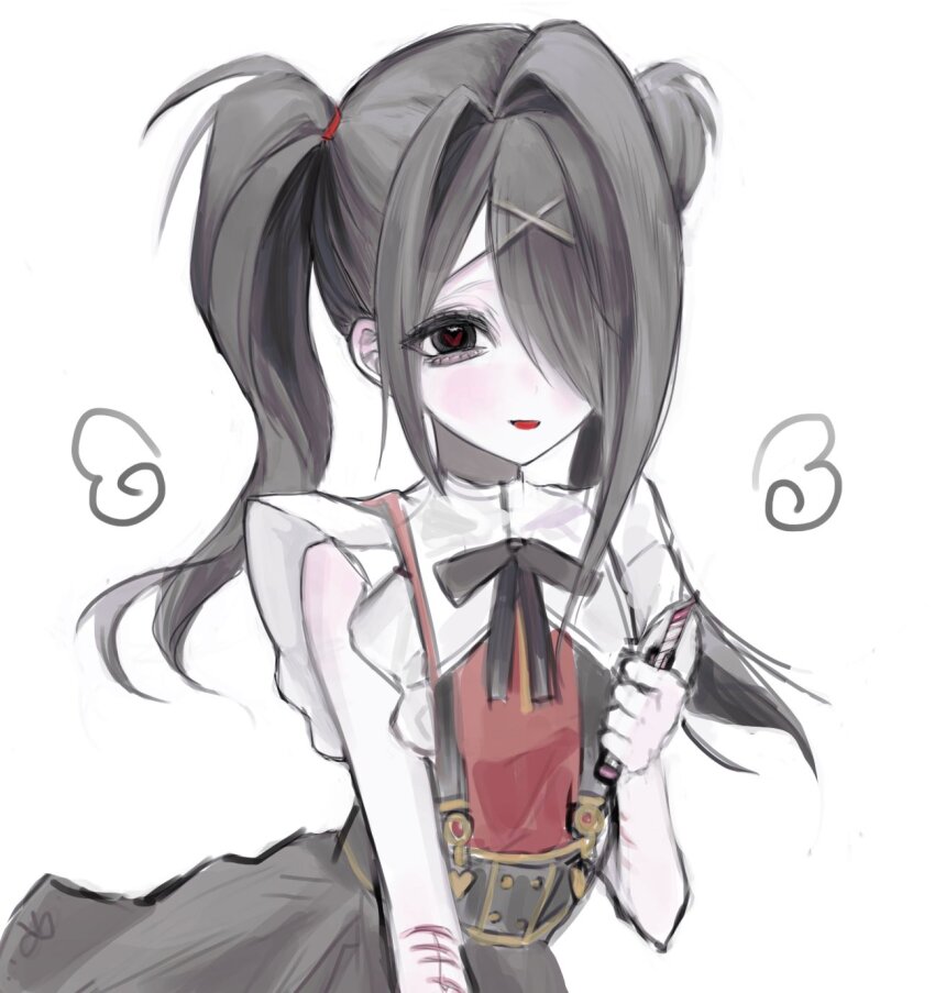 1girl ame-chan_(needy_girl_overdose) black_eyes black_hair boxcutter drawn_wings hair_ornament hair_over_one_eye highres holding holding_boxcutter implied_self-harm looking_at_viewer neck_ribbon needy_girl_overdose pao_(i_loxe_u) red_shirt ribbon self-harm shirt short_twintails skirt smile solo suspender_skirt suspenders twintails upper_body white_background winged_sleeves x_hair_ornament