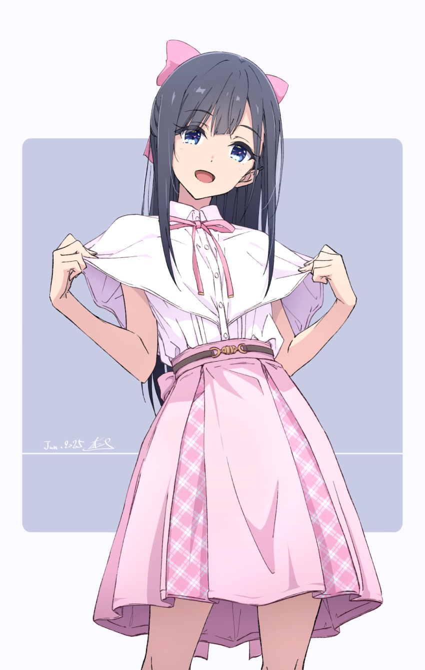 1girl :d black_hair blue_eyes bow capelet commentary_request dated grey_background hair_bow highres looking_at_viewer monai-chan_(nii_manabu) nii_manabu open_mouth original pink_bow pink_ribbon pink_skirt ribbon shirt signature skirt smile solo standing two-tone_background white_capelet white_shirt