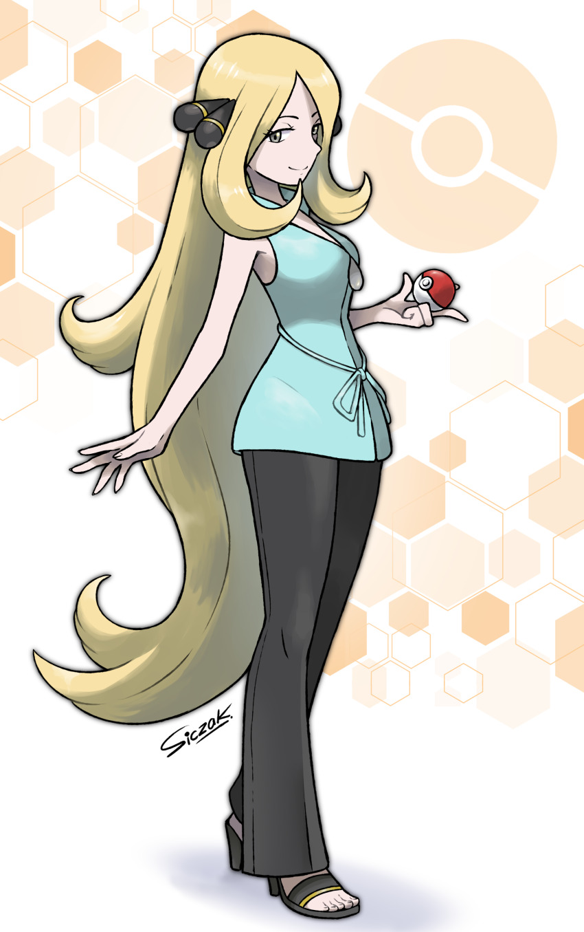 1girl absurdres alternate_costume black_pants blonde_hair blue_shirt breasts closed_mouth commentary commission creatures_(company) cynthia_(pokemon) english_commentary full_body game_freak grey_eyes hair_over_one_eye high_heel_sandals highres holding holding_poke_ball long_hair medium_breasts nintendo official_alternate_costume pants poke_ball poke_ball_(basic) pokemon pokemon_(anime) pokemon_bw_(anime) sandals shirt siczak sleeveless sleeveless_shirt smile solo standing toes very_long_hair yellow_background