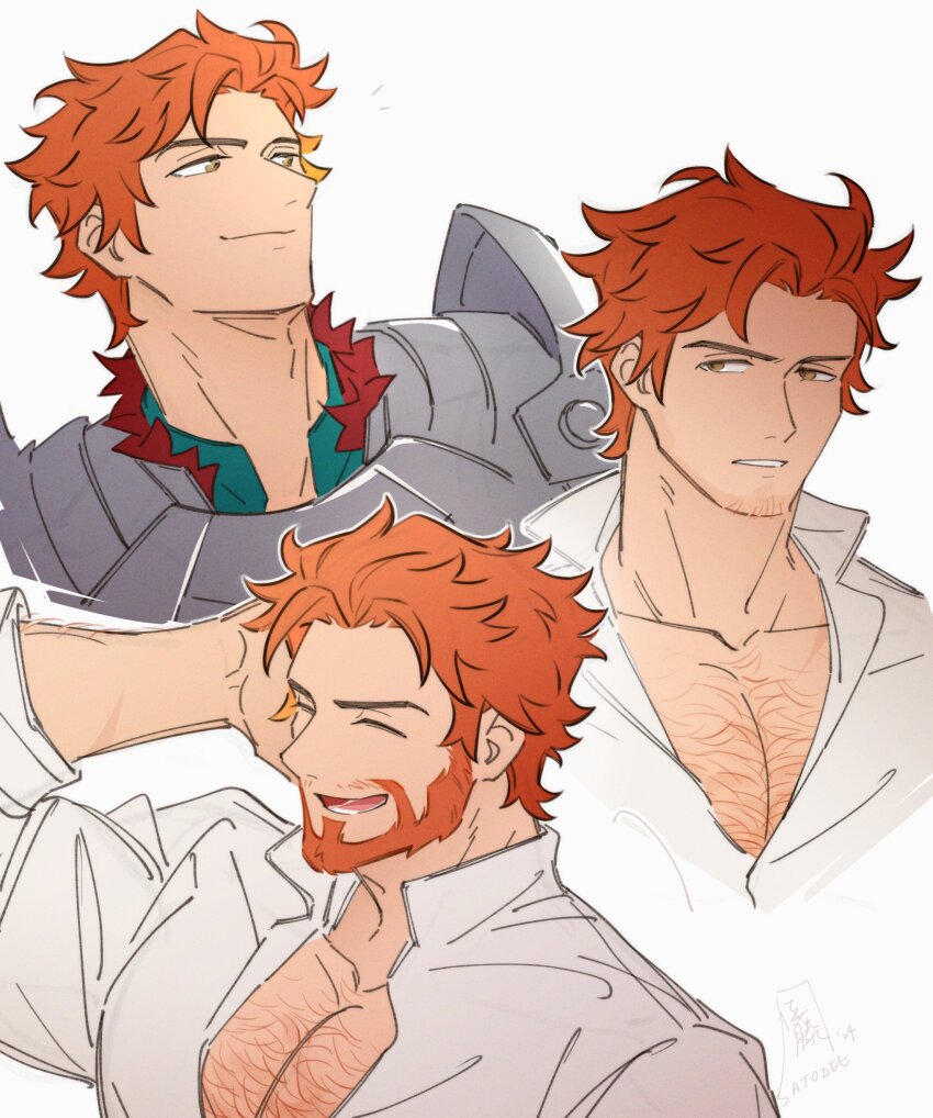 1boy absurdres arm_behind_head arm_up armor beard beard_stubble chest_hair closed_mouth collarbone collared_shirt commentary english_commentary facial_hair fire_emblem fire_emblem:_three_houses fur-trimmed_armor fur_trim highres laughing looking_to_the_side male_focus multiple_views nintendo orange_hair parted_lips pauldrons pectoral_cleavage pectorals red_fur satodee shirt shoulder_armor simple_background smile stubble sylvain_jose_gautier sylvain_jose_gautier_(timeskip) upper_body white_background white_shirt yellow_eyes