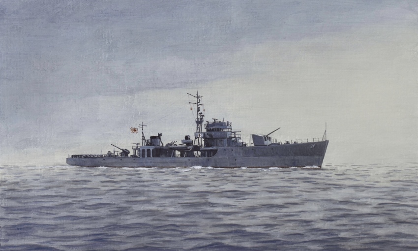 absurdres acrylic_paint_(medium) atelier_bono blue_sky cannon cloud cloudy_sky flag gunboat highres imperial_japanese_navy kaiboukan_no.1 mast no_humans ocean original painting_(medium) ship_turret sky smokestack traditional_media vehicle_focus watercraft weapon