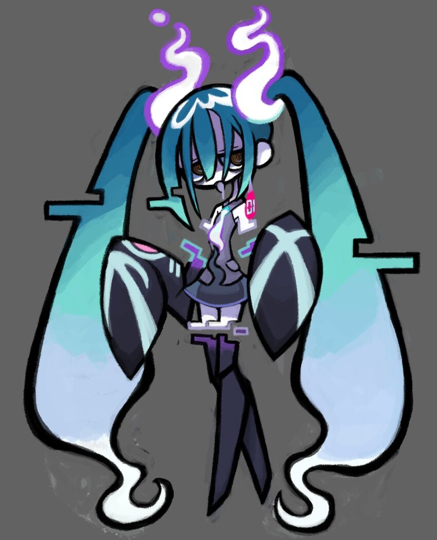 1girl black_sleeves black_thighhighs blue_hair commentary detached_arm detached_legs detached_sleeves full_body ghost_miku_(project_voltage) glitch gradient_hair grey_background grey_shirt hair_between_eyes hatsune_miku highres long_hair looking_at_viewer multicolored_hair necktie nintendo noda_rejinu open_mouth pale_skin pokemon print_sleeves project_voltage see-through_clothes see-through_skirt shaded_face shirt simple_background skirt sleeveless sleeveless_shirt sleeves_past_fingers sleeves_past_wrists solo standing thighhighs tongue tongue_out twintails very_long_hair vocaloid white_hair white_necktie yellow_eyes