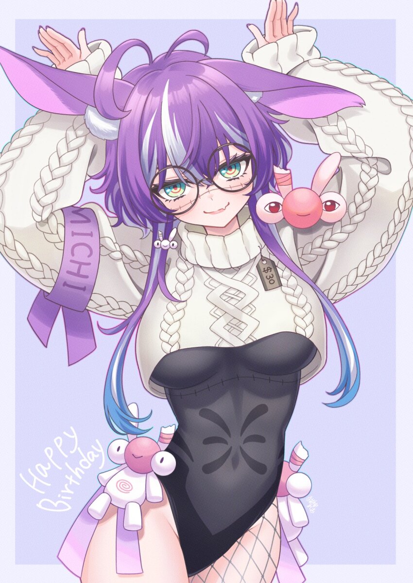 animal_ears antenna_hair aqua_eyes armband arms_up black_leotard cropped_sweater fishnet_thighhighs fishnets groin highres indie_virtual_youtuber jared_(michi_mochievee) leotard long_sleeves michi_mochievee michi_mochievee_(bunny) nekoyanagi_reo purple_hair rabbit_ears round_eyewear short_hair_with_long_locks single_thighhigh smile stitched_face stitches sweater thighhighs virtual_youtuber white_streaks white_sweater
