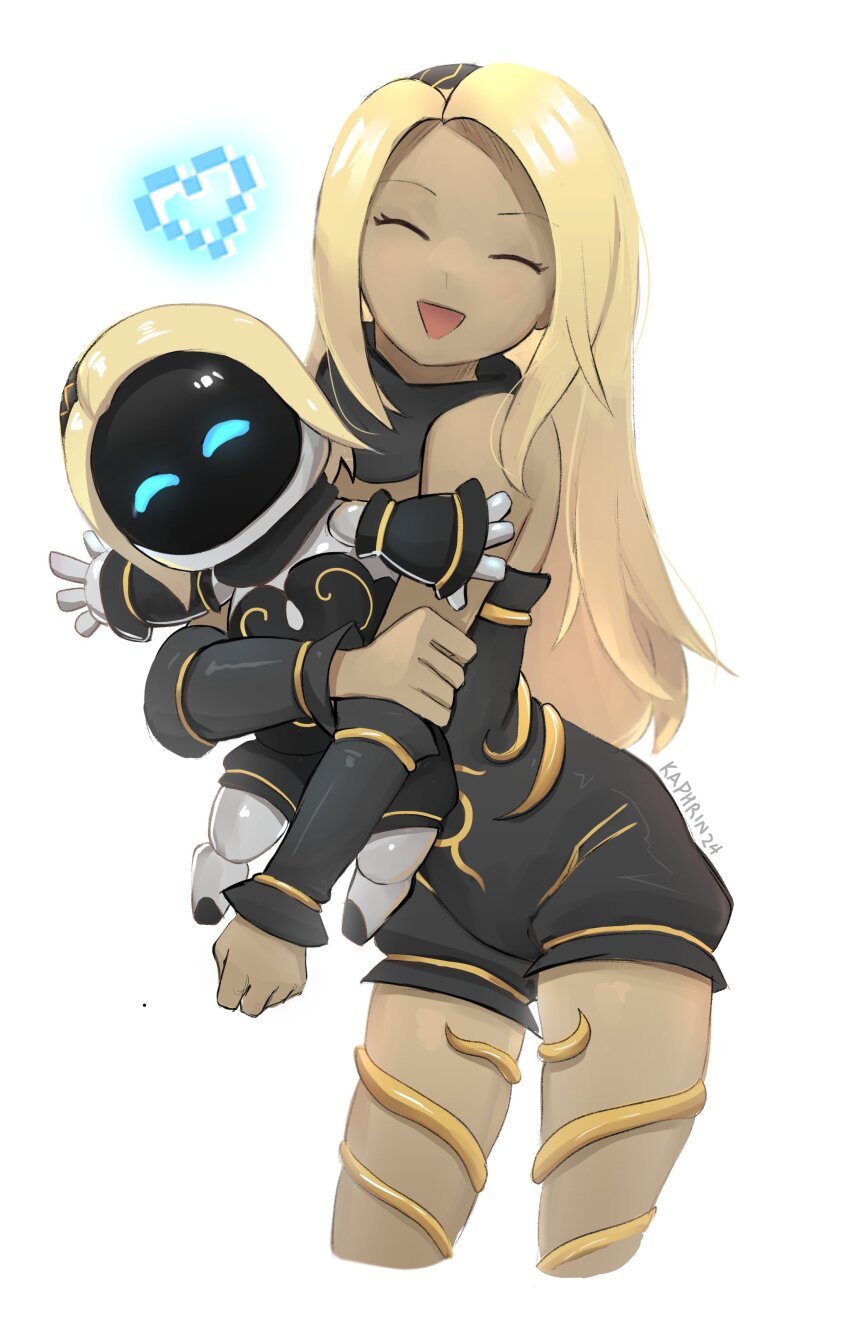 1girl :d ^_^ absurdres astro_bot_(series) blonde_hair closed_eyes commentary cropped_legs crossover dark-skinned_female dark_skin english_commentary gravity_daze heart highres humanoid_robot kaphrin kitten_(gravity_daze) long_hair open_mouth robot simple_background smile waving white_background