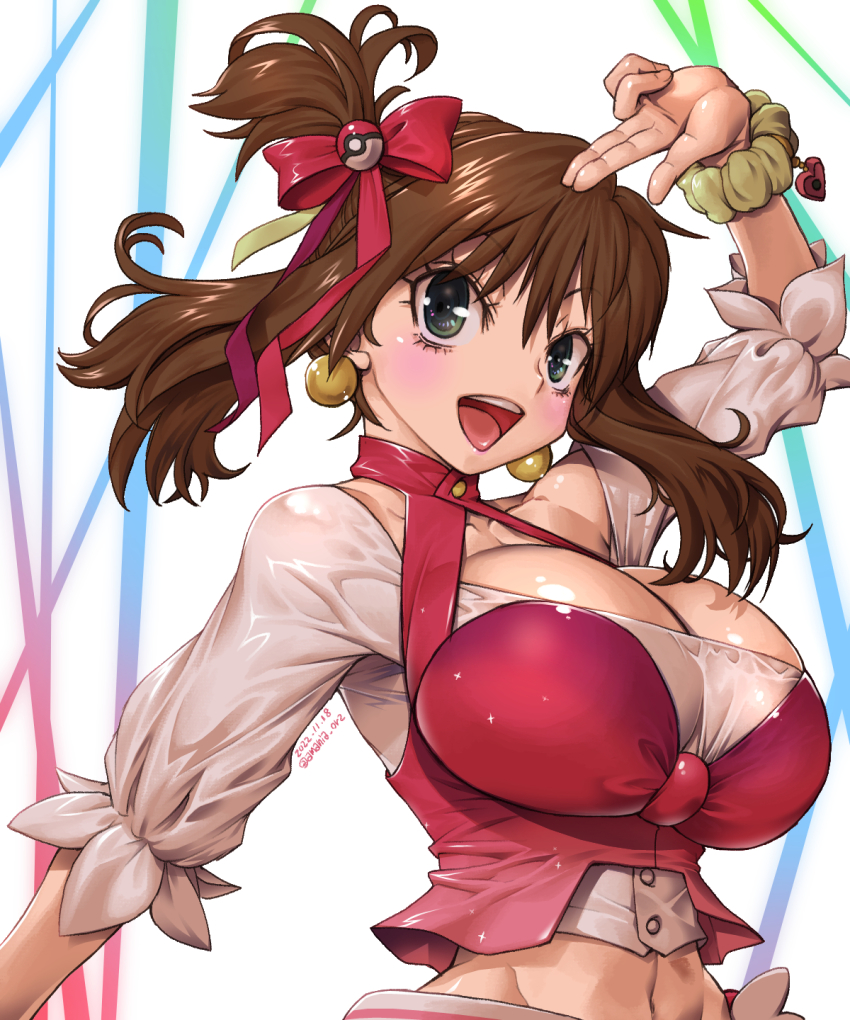 1girl amania_orz arm_up blush bow breasts brown_hair cleavage commentary_request dated earrings hair_bow hair_ribbon heart highres jewelry large_breasts may_(pokemon) medium_hair midriff navel nintendo open_mouth poke_ball_hair_ornament pokemon pokemon_oras ponytail red_bow red_ribbon ribbon scrunchie shiny_skin short_ponytail side_ponytail sidelocks smile solo twitter_username wrist_scrunchie
