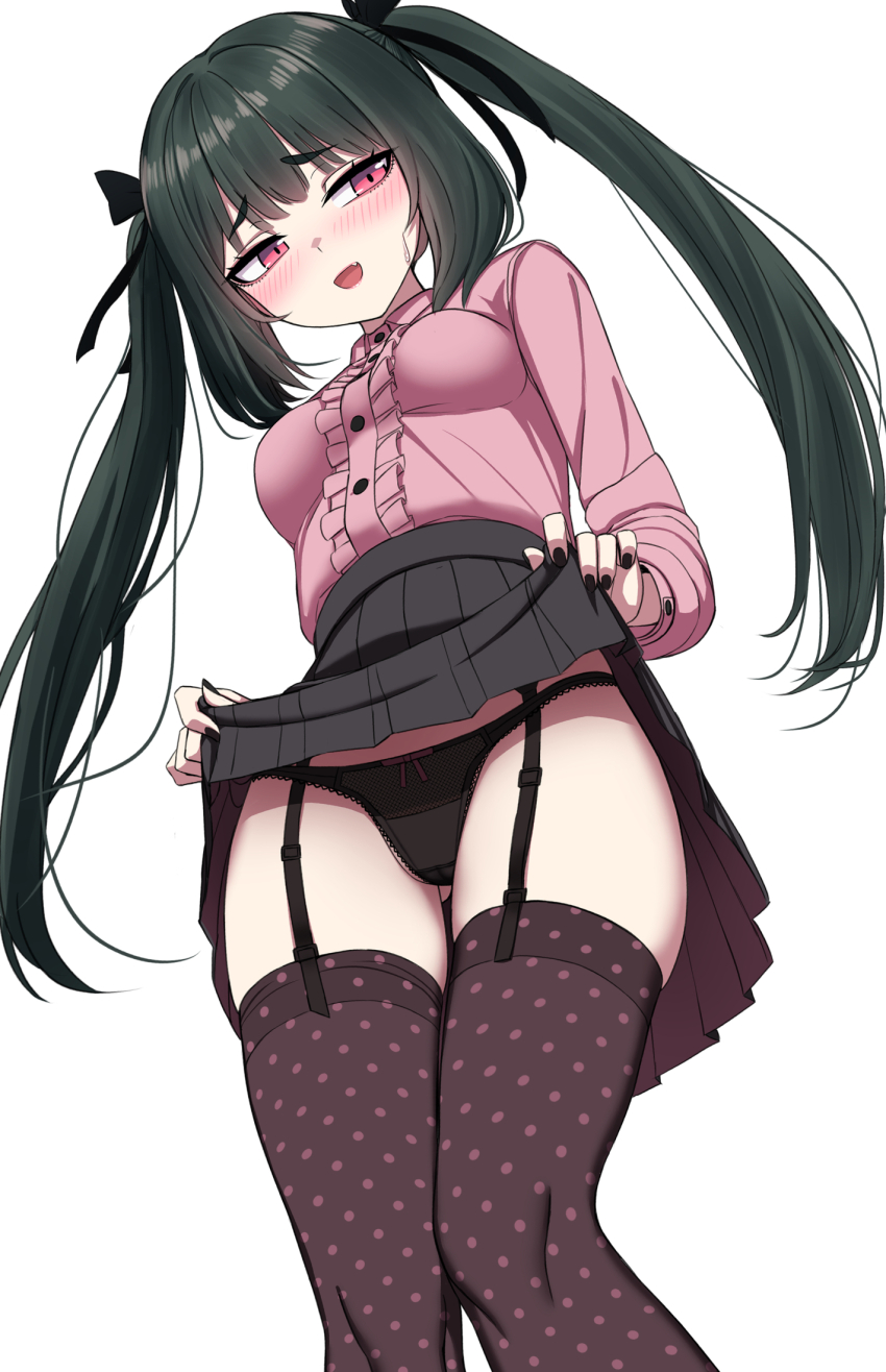 1girl black_garter_straps black_nails black_panties black_skirt blush clothes_lift fang from_below garter_straps green_hair highres lifting_own_clothes long_hair long_sleeves looking_at_viewer open_mouth original panties pink_shirt polka_dot_thighhighs red_eyes sayano_(yakob_labo) shirt shirt_tucked_in simple_background skirt skirt_lift smile solo underwear white_background yakob_labo