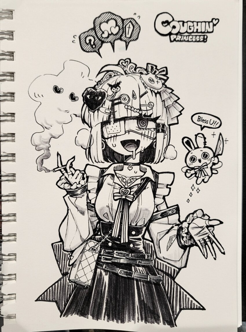 1girl ? @_@ absurdres ahoge between_fingers blush cigarette commentary cropped_legs drooling english_commentary eyepatch fang greyscale hair_ornament hairclip heart heart_hair_ornament high-waist_skirt highres holding holding_cigarette knife long_sleeves looking_at_viewer medical_eyepatch medium_hair monochrome mouth_drool neonfloyd one_eye_covered open_mouth original photoshop_(medium) rabbit shirt simple_background skin_fang skirt smoke solo spoken_heart spoken_question_mark standing straight-on traditional_media