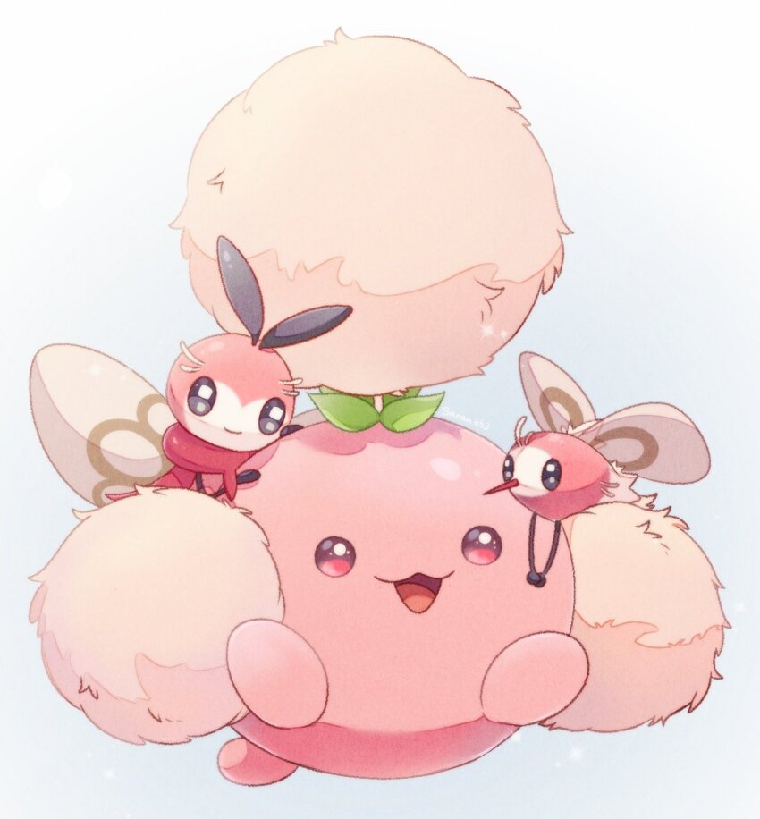 alternate_color antennae bright_pupils commentary cutiefly evolutionary_line game_freak gen_2_pokemon gen_7_pokemon highres jumpluff nintendo no_humans pink_eyes pokemon pokemon_(creature) ribombee sana_(sanaa653) shiny_pokemon simple_background smile symbol-only_commentary twitter_username white_pupils wings