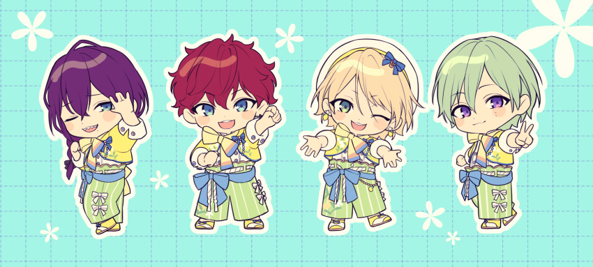 4boys alkaloid_(ensemble_stars!) amagi_hiiro ayase_mayoi bishounen blue_background border chibi chibi_only commentary ensemble_stars! floral_background full_body grid_background highres kazehaya_tatsumi looking_at_viewer lq_saku male_focus matching_outfits multiple_boys shiratori_aira_(ensemble_stars!) shiratori_aira_(ensemble_stars!)_(sparkle) side-by-side standing symbol-only_commentary teeth upper_teeth_only white_border