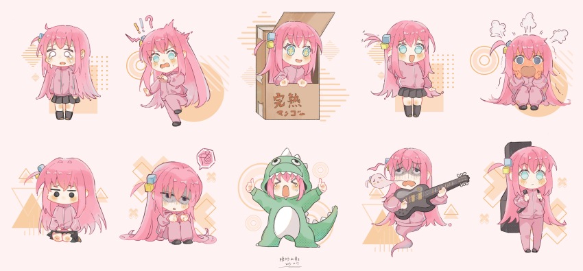 !? &gt;_&lt; +_+ 1girl ^^^ absurdres arm_behind_head black_eyes black_footwear black_skirt black_socks blue_eyes blush bocchi_the_rock! bodysuit box brown_footwear chibi chinese_commentary collared_jacket commentary_request cosplay crying crying_with_eyes_open cube_hair_ornament dinosaur_costume dinosaur_hood dinosaur_tail double_thumbs_up electric_guitar enimise excited expressionless eyelashes fake_tail frown full-face_blush ghost ghost_tail gotoh_hitori green_bodysuit guitar guitar_case hair_ornament hair_spread_out hands_on_own_cheeks hands_on_own_face high_collar highres hood hood_up hooded_bodysuit in_box in_container instrument instrument_case jacket kigurumi kneehighs kneeling knees_up leg_up light_blush light_frown long_hair long_sleeves messy_hair miniskirt motion_lines multiple_views nervous_smile no_mouth one_side_up open_mouth orange_background outstretched_arms panicking pants pink_hair pink_jacket pink_pants playing_guitar playing_instrument pleated_skirt puff_of_air rubbing scared shaded_face shoes sidelocks sitting skirt sleeves_past_wrists smile socks sparkling_eyes spoken_squiggle squiggle standing straight_hair sweatdrop sweatpants tail tape tears thumbs_up track_jacket trembling turn_pale uwabaki very_long_hair wavy_mouth white_eyes