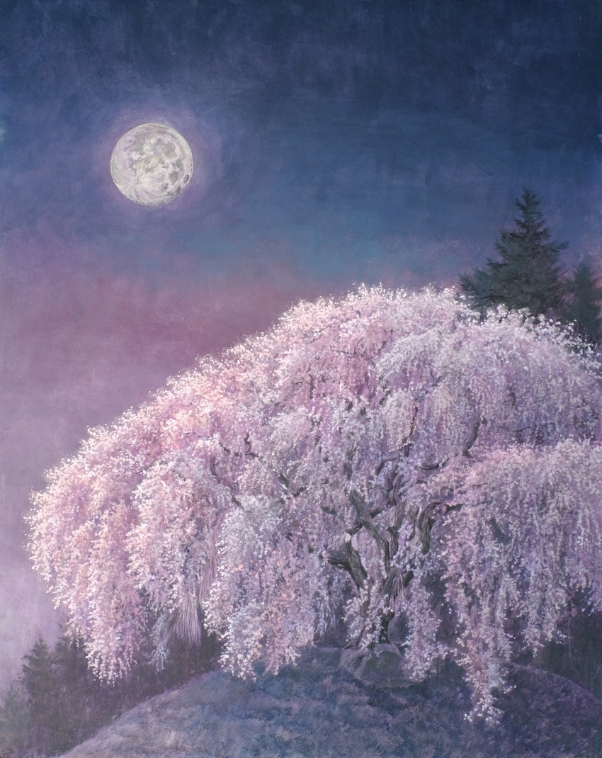 absurdres cherry_blossoms full_body highres hill moonlight nature night night_sky no_humans original outdoors painting_(medium) pine_tree scenery shadow sky tanamachi_yoshihiro traditional_media tree watercolor_(medium)