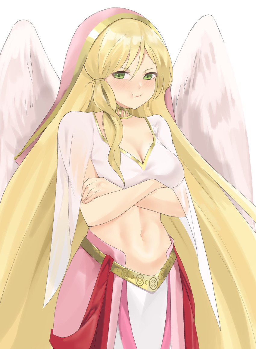 1girl absurdres angel_wings arielsomayikan bird blonde_hair blush breasts choker cleavage closed_mouth commission commissioner_upload crossed_arms dancer feathered_wings fire_emblem fire_emblem:_path_of_radiance fire_emblem:_radiant_dawn fire_emblem_heroes gold_choker gold_trim green_eyes heron highres laguz_(fire_emblem) leanne_(fire_emblem) leanne_(hatari)_(fire_emblem) looking_at_viewer medium_breasts midriff nintendo official_alternate_costume pout solo standing stomach white_background white_wings wings