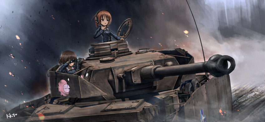 2girls absurdres akiyama_yukari anglerfish artist_name binoculars black_gloves blue_jacket brown_eyes brown_hair chinese_commentary closed_mouth commentary commentary_request day embers emblem english_commentary explosion fish girls_und_panzer gloves hand_on_own_neck headphones highres holding holding_binoculars jacket kk90 long_sleeves military_uniform military_vehicle mixed-language_commentary motor_vehicle multiple_girls nishizumi_miho ooarai_(emblem) ooarai_military_uniform open_mouth outdoors panzer_iv revision short_hair signature smoke tank throat_microphone undershirt