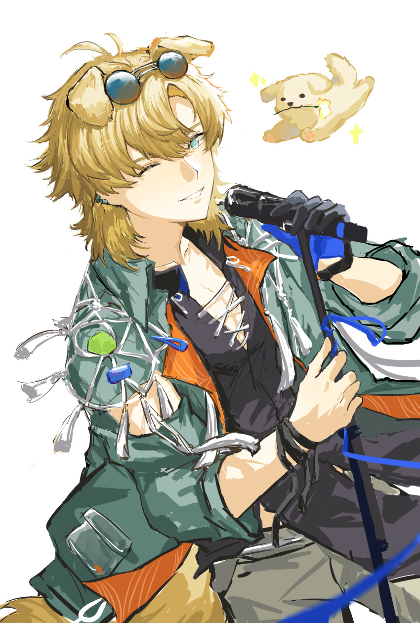 1boy :3 absurdres ahoge animal_ears arknights bailangzhuzhou black_gloves black_shirt blonde_hair blue_eyes blue_gloves blue_jacket bracelet chinese_commentary commentary_request dog dog_boy dog_ears dog_nose dog_tail ear_piercing earrings eyewear_on_head flower flower_in_mouth gloves grey_pants hair_between_eyes hand_up highres holding holding_microphone holding_microphone_stand jacket jewelry looking_at_viewer male_focus microphone microphone_stand one_eye_closed open_clothes open_jacket open_shirt pants piercing pocket shirt single_glove smile sparkle standing string sunglasses tail teeth tequila_(arknights) tequila_(top_tier_live)_(arknights) thick_eyebrows white_background white_string