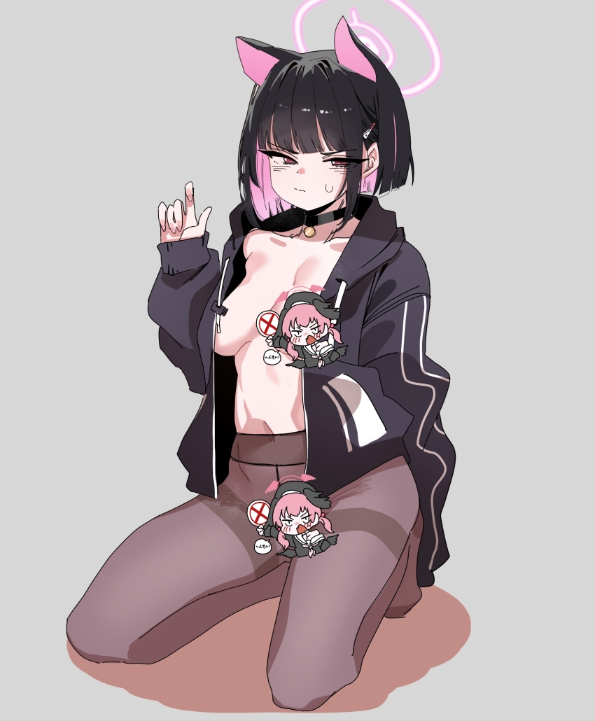 1girl animal_ears arm_at_side black_choker black_hair black_hat black_jacket black_pantyhose black_shirt black_wings blue_archive blunt_bangs bob_cut breasts breasts_apart cat_ears cat_girl censored censored_nipples character_censor choker closed_mouth colored_inner_animal_ears colored_inner_hair commentary crotch_seam drawstring embarrassed extra_ears full_body grey_background hair_ornament hairclip half-closed_eyes halo halo_behind_head hand_up hat head_wings highres hood hood_down hooded_jacket inverted_bob jacket kazusa_(blue_archive) kneeling koharu_(blue_archive) korean_commentary long_sleeves looking_at_viewer low_twintails medium_breasts multicolored_hair naked_jacket navel no_bra no_panties no_shoes no_symbol novelty_censor open_clothes open_jacket pantyhose pendant_choker pink_hair pink_halo red_eyes sailor_collar sailor_shirt samsick sanpaku school_uniform shirt short_hair simple_background single_off_shoulder solo spread_legs stomach sweatdrop thighband_pantyhose toe_seam twintails two-tone_hair unzipped v-shaped_eyebrows wings winter_uniform zipper