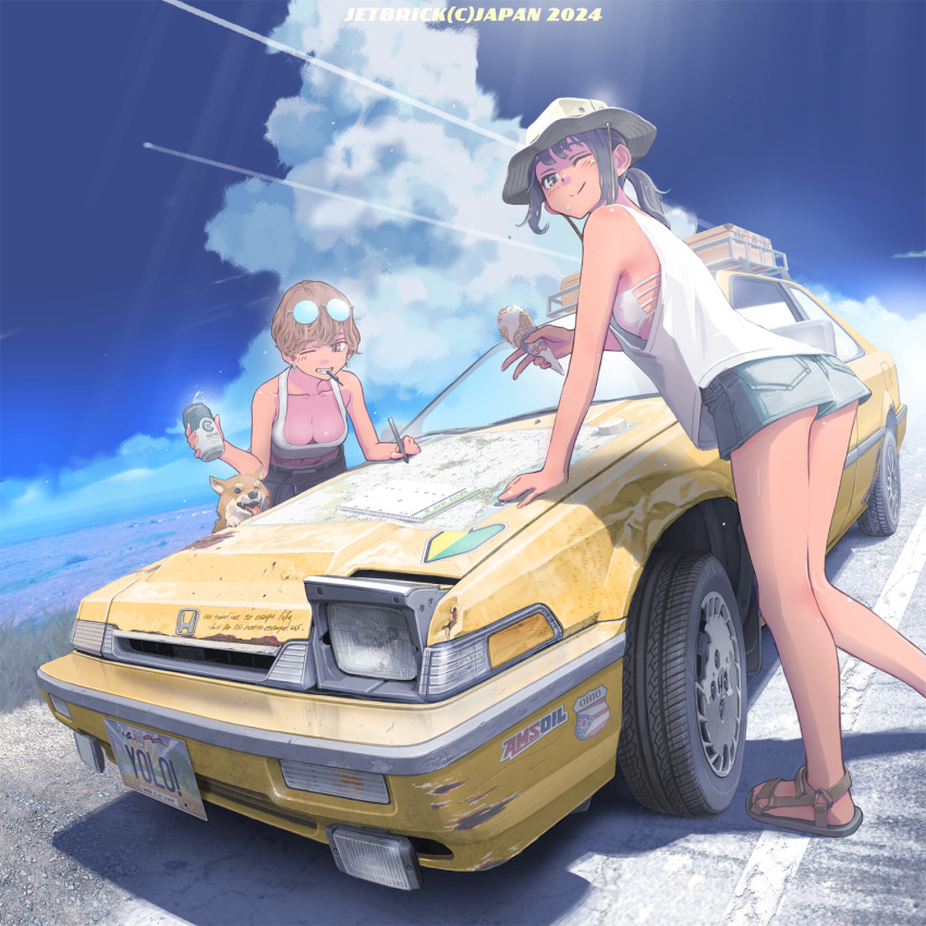 2girls ;) blue_shorts blue_sky breasts can car cloud collarbone commentary commentary_typo day dog drink drinking_straw english_commentary engrish_commentary eyewear_on_head food hat highres holding holding_can holding_drink holding_food holding_ice_cream holding_pen honda ice_cream ice_cream_cone jettoburikku license_plate medium_breasts motor_vehicle multiple_girls one_eye_closed original outdoors pen pop-up_headlights round_eyewear rust shorts single_pop-up_headlight sky smile sticker summer sunglasses vehicle_focus vehicle_request white_hat