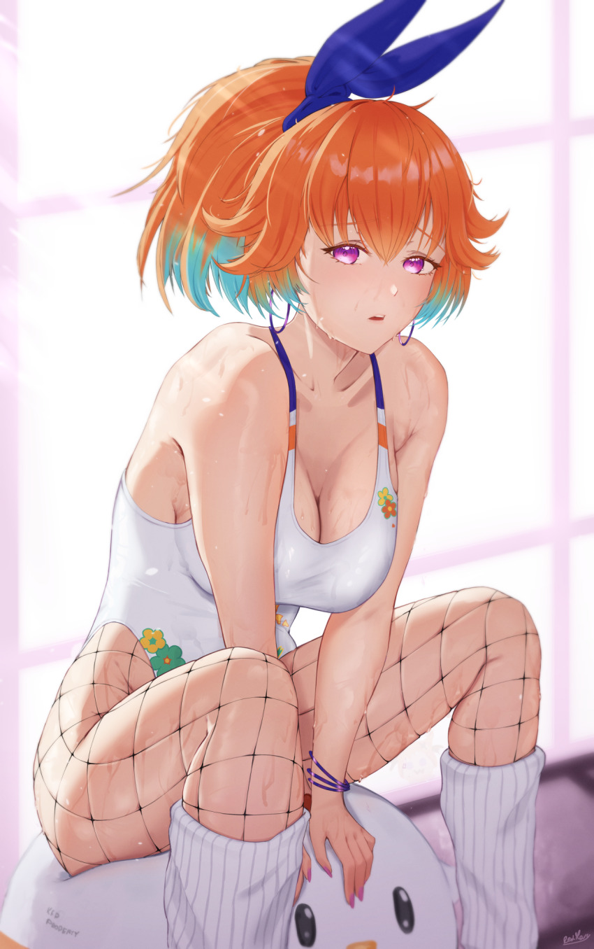 1girl armpit_crease bow breasts cleavage collarbone cushion earrings fishnet_pantyhose fishnets gradient_hair hair_bow highleg highleg_leotard highres hololive hololive_english hoop_earrings jewelry kfp_employee_(takanashi_kiara) leotard looking_at_viewer medium_breasts multicolored_hair official_alternate_costume official_alternate_hairstyle orange_hair pantyhose parted_lips purple_eyes redmaryy ribbed_socks sitting socks solo streaked_hair sweat takanashi_kiara takanashi_kiara_(fever_night) two-tone_hair virtual_youtuber white_leotard wide_ponytail