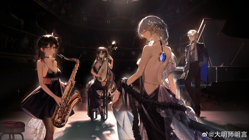 1boy 3girls absurdres backless_dress backless_outfit black_hair brown_hair center_opening cleavage_cutout closed_eyes clothing_cutout concert damingshimingyan dress eos_(neural_cloud) evening_gown from_behind gin_(neural_cloud) girls&#039;_frontline girls&#039;_frontline_neural_cloud grand_piano hatsuchiri_(neural_cloud) highres holding holding_instrument holding_saxophone instrument light_particles looking_at_viewer multiple_girls music official_alternate_costume official_art on_chair piano pipa_(instrument) playing_instrument saxophone sitting souchun_(neural_cloud) stage stool type_64_(girls&#039;_frontline) watermark weibo_username weibo_watermark white_hair