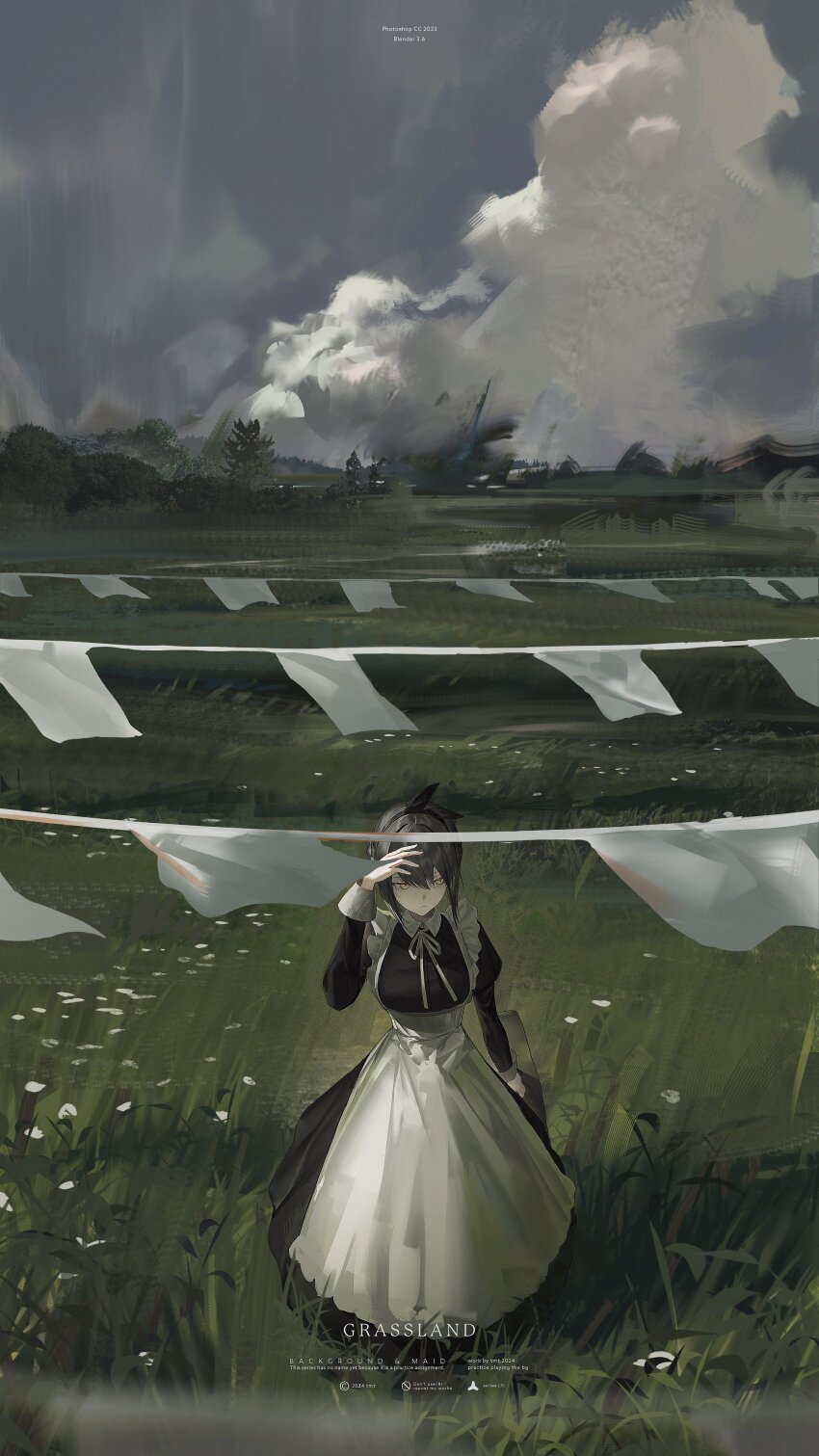 1girl absurdres animal_ears black_hairband blender_(medium) clothesline cloud cloudy_sky fake_animal_ears flower full_body grass hairband highres landscape long_skirt maid medium_hair original photoshop_(medium) rabbit_ears skirt sky tmt white_flower yellow_eyes