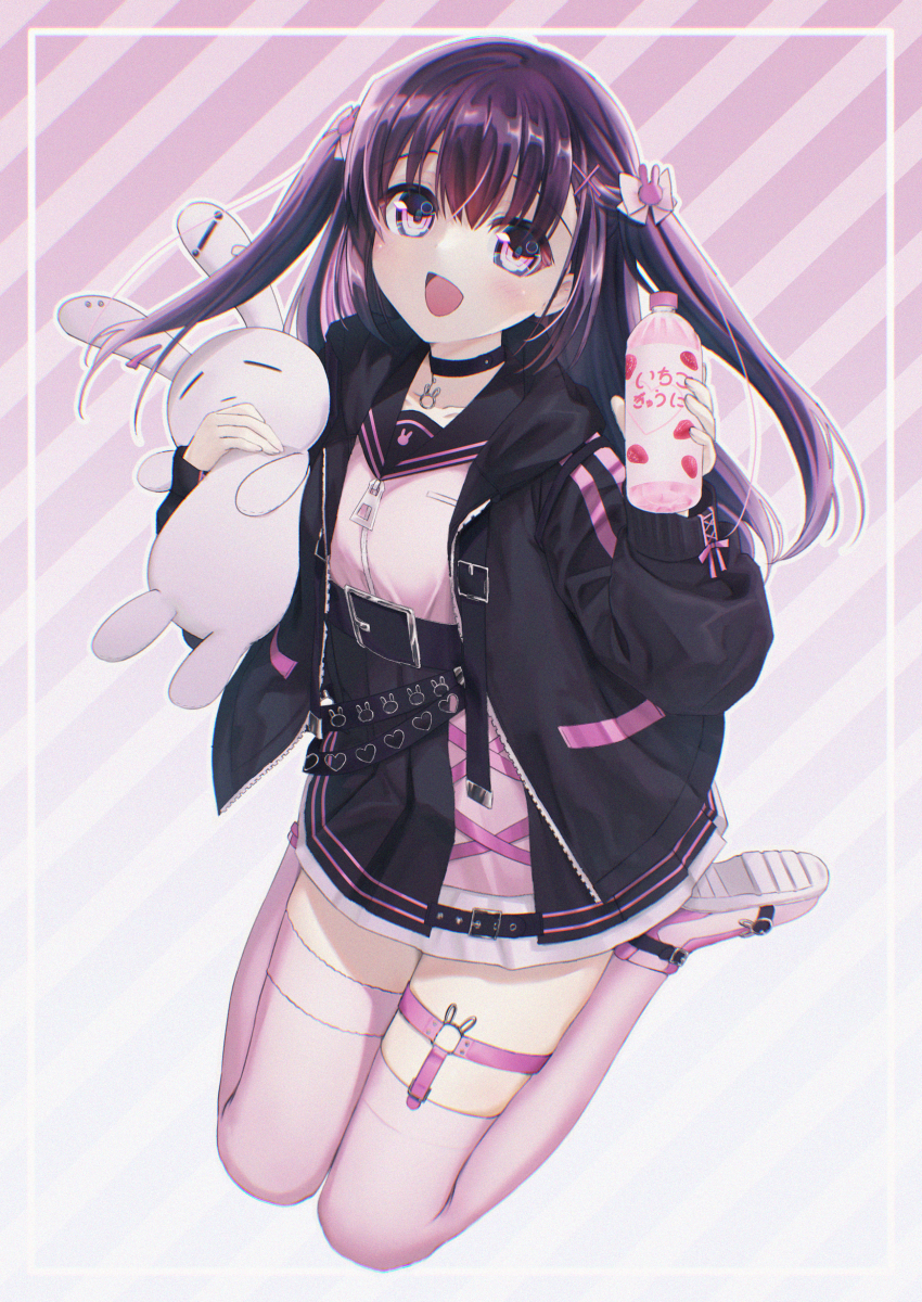 1girl :d absurdres belt black_belt black_choker black_hair black_jacket black_sailor_collar black_skirt blush bottle bow choker commentary floating_hair food_print fruit_print full_body gradient_background hair_between_eyes hair_bow hair_ornament hands_up happy high-waist_skirt highres holding holding_bottle holding_stuffed_toy hood hooded_jacket jacket jirai_kei long_hair long_sleeves looking_at_viewer natsuoto_rito o-ring o-ring_thigh_strap open_clothes open_jacket open_mouth original pink_background pink_shirt pink_shoes pink_thighhighs purple_eyes rabbit_hair_ornament rabbit_o-ring sailor_collar shirt shoe_soles shoes simple_background skirt smile solo straight_hair strawberry_print stuffed_animal stuffed_rabbit stuffed_toy thigh_strap thighhighs thighs two_side_up white_background white_bow x_hair_ornament zettai_ryouiki zipper