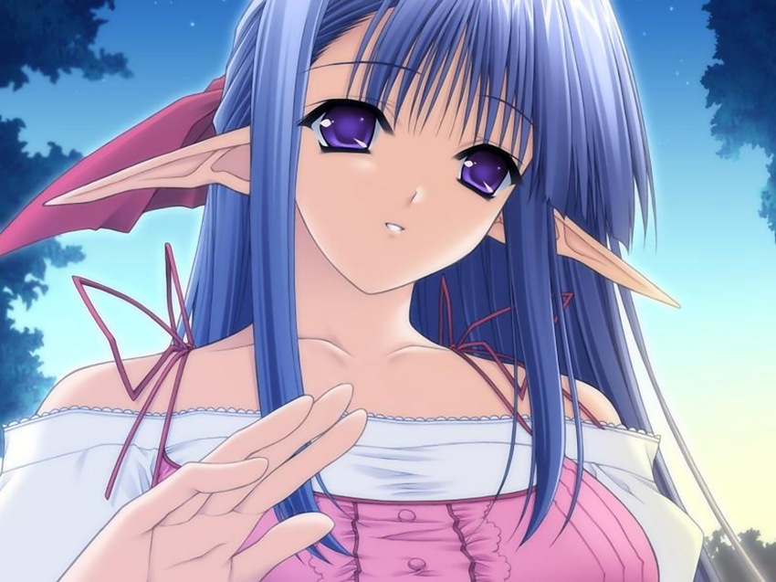 00s 1girl blue_hair female_focus game_cg highres long_hair nerine pointy_ears purple_eyes shuffle! sky solo tagme