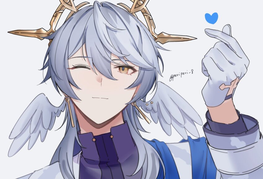 1boy artist_name blue_ribbon closed_mouth commentary_request earrings feathered_wings finger_heart gloves gold_earrings grey_hair hair_between_eyes hair_over_shoulder halo halo_behind_head hand_up head_wings heart highres honkai:_star_rail honkai_(series) jacket jewelry long_sleeves looking_at_viewer male_focus medium_hair one_eye_closed open_clothes open_jacket peridot_(periperi_8) piercing purple_shirt ribbon shirt simple_background smile solo sunday_(honkai:_star_rail) sunday_(sacerdos&#039;_relived_ordeal)_(honkai:_star_rail) turtleneck twitter_username upper_body white_background white_gloves white_jacket white_wings wing_piercing wings yellow_eyes