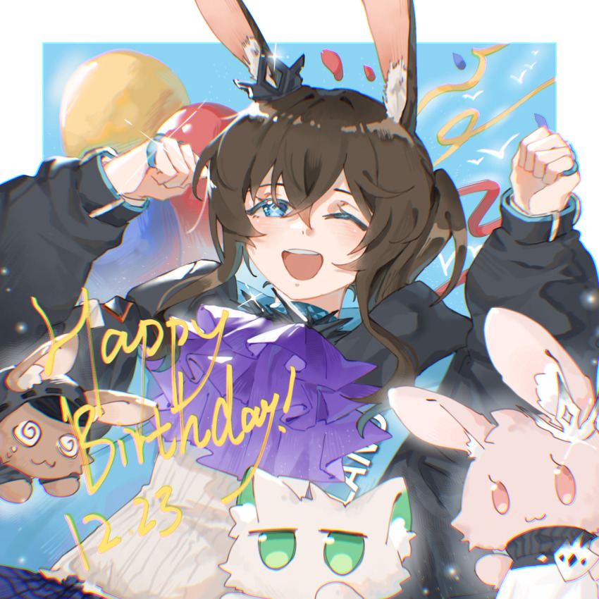1girl ;d @_@ again_nuo amiya_(arknights) animal_ears animalization arknights ascot balloon black_jacket blue_background border brown_hair clenched_hands dated doctor_(arknights) hands_up highres hood hooded_jacket jacket jewelry kal&#039;tsit_(arknights) looking_at_viewer one_eye_closed open_mouth outside_border purple_ascot rabbit rabbit_ears rabbit_girl ring shirt simple_bird smile solo streamers theresa_(arknights) upper_body white_border white_shirt