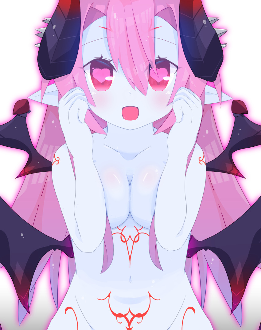 1girl absurdres asmodeus_(eco) blue_skin body_markings breasts cleavage colored_skin demon_girl demon_horns demon_wings emil_chronicle_online highres horns large_breasts looking_at_viewer navel nude open_mouth pink_hair pointy_ears red_eyes white_background wings yuzujampot