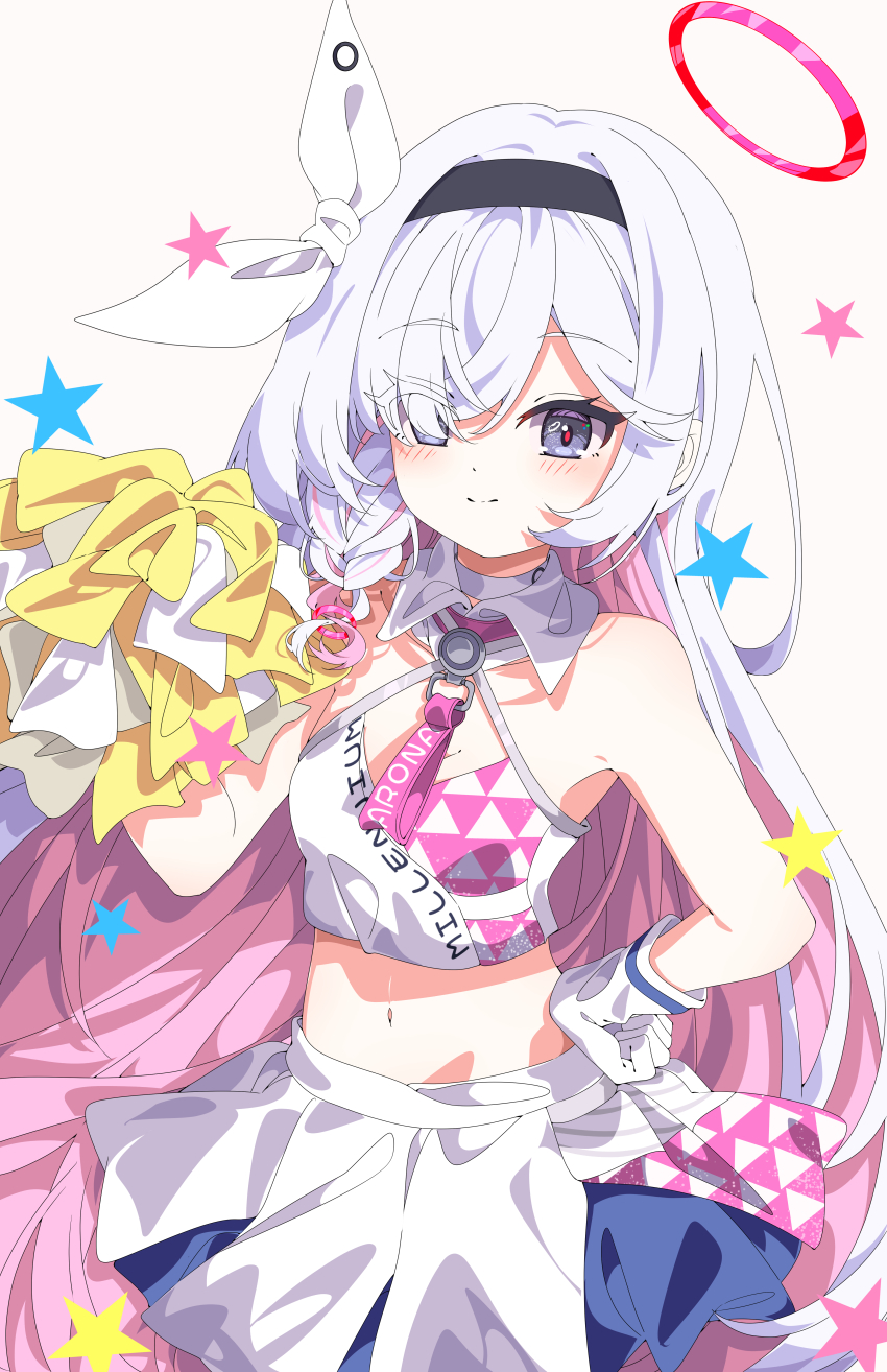 1girl absurdres black_hairband blue_archive bra cheerleader chinese_commentary commentary hairband halo highres hua-huahua long_hair millennium_cheerleader_outfit_(blue_archive) multicolored_bra multicolored_hair multicolored_skirt navel one_eye_covered pink_hair plana_(blue_archive) pom_pom_(cheerleading) red_halo skirt solo star_(symbol) underwear white_hair