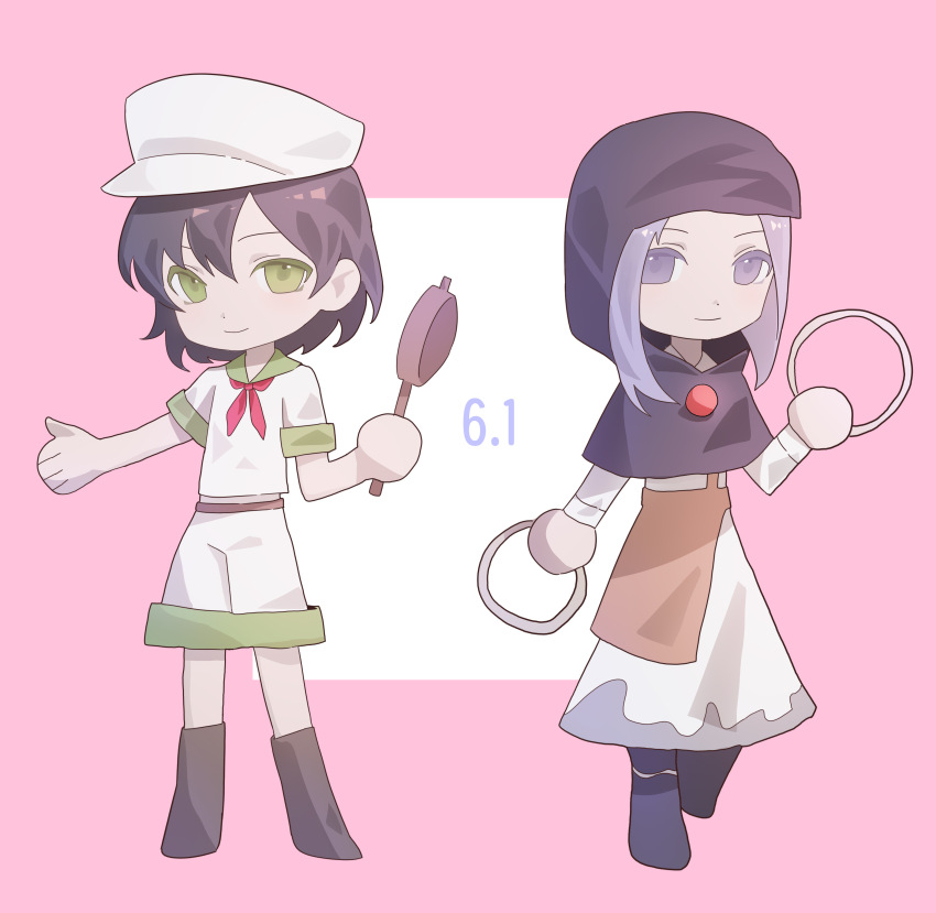 2girls absurdres black_hair black_shoes blue_eyes blue_hair chibi collared_shirt dress full_body green_eyes hat highres holding holding_ladle hood jewelry kesa kumoi_ichirin ladle long_hair long_sleeves midriff multiple_girls murasa_minamitsu neckerchief pendant red_neckerchief ring shirt shoes short_hair short_sleeves shorts simple_background smile thursyue touhou white_dress white_hat white_shirt white_shorts