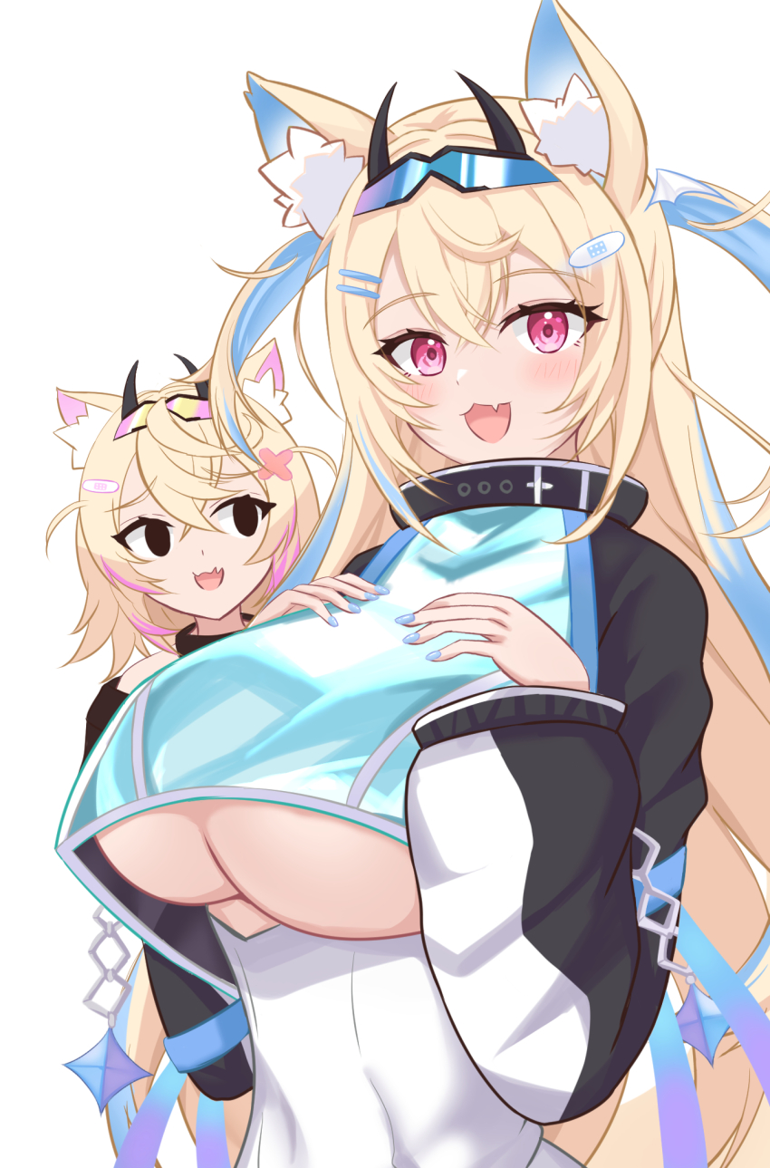 2girls :3 animal_ear_fluff animal_ears arlonn black_coat black_eyes blonde_hair blue_hair breasts coat dog_ears dog_girl fang fuwawa_abyssgard highres hololive hololive_english large_breasts long_hair mococo_abyssgard multicolored_hair multiple_girls open_mouth pink_eyes pink_hair short_hair siblings simple_background sisters skin_fang solo_focus streaked_hair twins two-tone_hair two_side_up underboob upper_body virtual_youtuber white_background white_coat