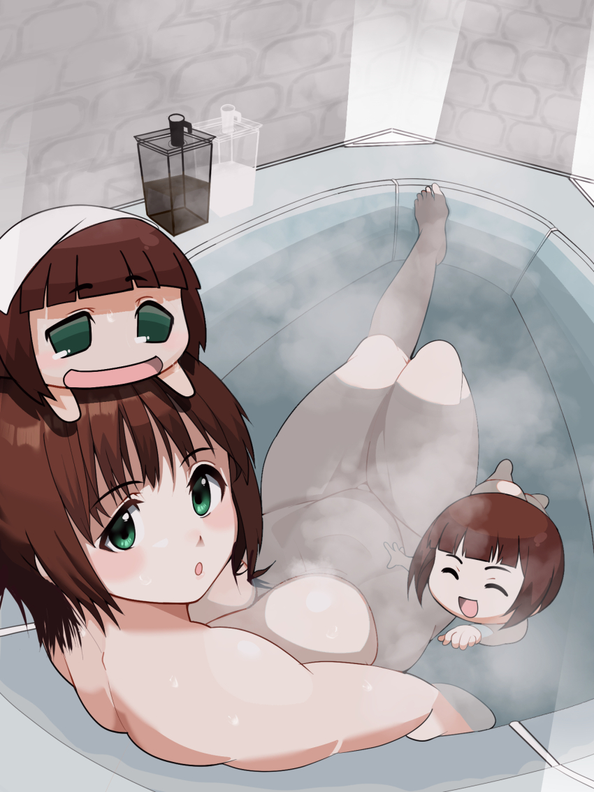 3girls :o afloat amami_haruka ass back barefoot bath bathing bathroom bathtub blush breasts brown_hair chibi chibi_on_head closed_eyes commentary_request completely_nude dual_persona feet green_eyes haruka-san highres idolmaster idolmaster_(classic) indoors large_breasts looking_at_viewer looking_back minami_no_uo-za multiple_girls nude on_head open_mouth partially_submerged puchimasu! short_hair sitting soap_dispenser steam stomach tiles towel towel_on_head wet