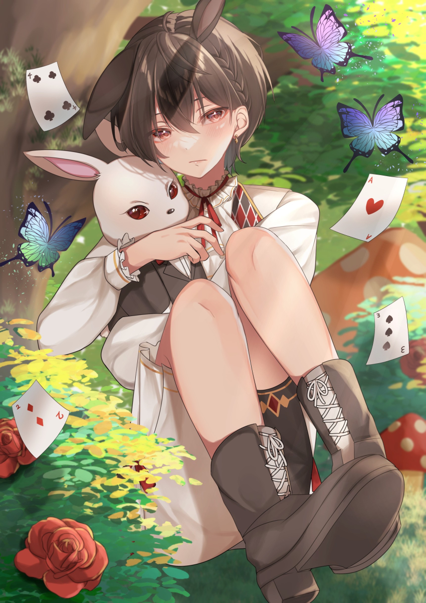 2boys absurdres ace_(playing_card) ace_of_hearts alice_in_wonderland alternate_costume animal_ears black_boots blue_butterfly boots brown_hair bug butterfly card closed_mouth ensemble_stars! four_of_clubs green_butterfly heart highres insect male_focus multicolored_butterfly multiple_boys playing_card purple_butterfly rabbit rabbit_boy rabbit_ears red_eyes rimua_(shiroru) sakuma_ritsu shirt short_hair shorts sitting solo three_of_spades two_of_diamonds white_fur white_rabbit_(alice_in_wonderland) white_shirt white_shorts