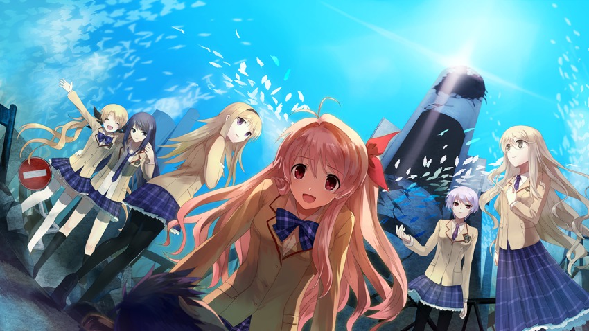 00s 1boy 6+girls antenna_hair aoi_sena black_eyes black_hair blonde_hair blue_hair blue_sky chaos;head day closed_eyes glasses hair_ribbon kishimoto_ayase kusunoki_yua long_hair multiple_girls nishijou_nanami nishijou_takumi open_mouth orihara_kozue pantyhose pink_eyes pink_hair red_eyes ribbon sakihata_rimi school_uniform shion_(kizuro) short_hair side_ponytail skirt sky smile thighhighs twintails white_legwear