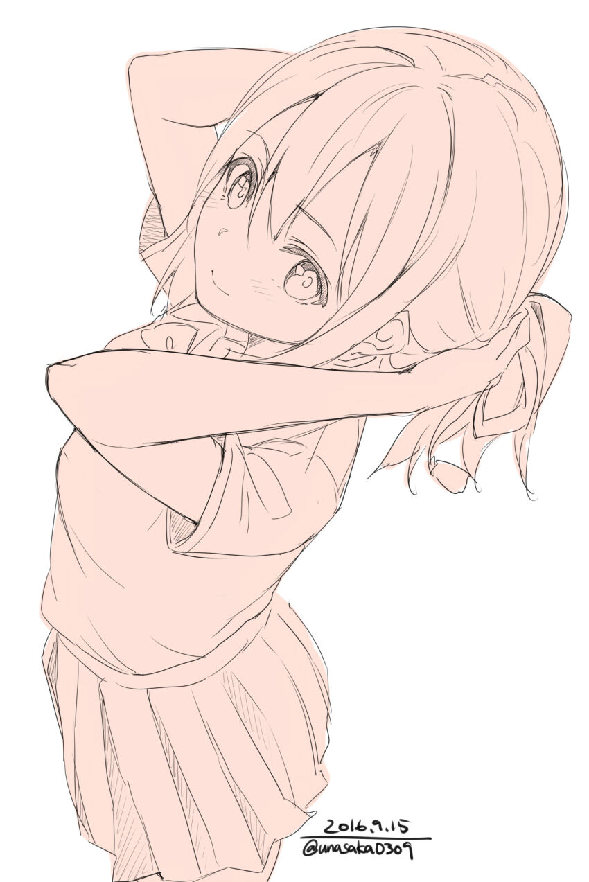 1girl adjusting_hair bow bowtie check_copyright collared_shirt copyright_request cowboy_shot dated hair_ribbon happy highres long_hair miniskirt monochrome orange_theme original pleated_skirt ponytail ribbon school_uniform shirt short_ponytail short_sleeves simple_background skirt solo twitter_username unasaka_ryou white_background