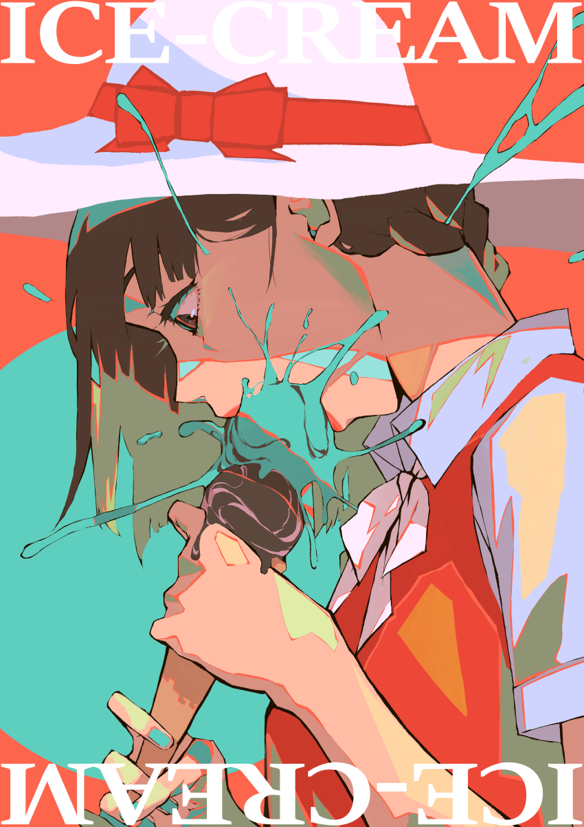 1girl absurdres blue_nails brown_eyes brown_hair collared_shirt commentary multiple_scoops eating english_commentary english_text food hat hat_ribbon highres holding holding_ice_cream_cone ice_cream ice_cream_cone melting_ice_cream nico-tine original red_ribbon ribbon shirt short_hair short_sleeves upper_body white_hat