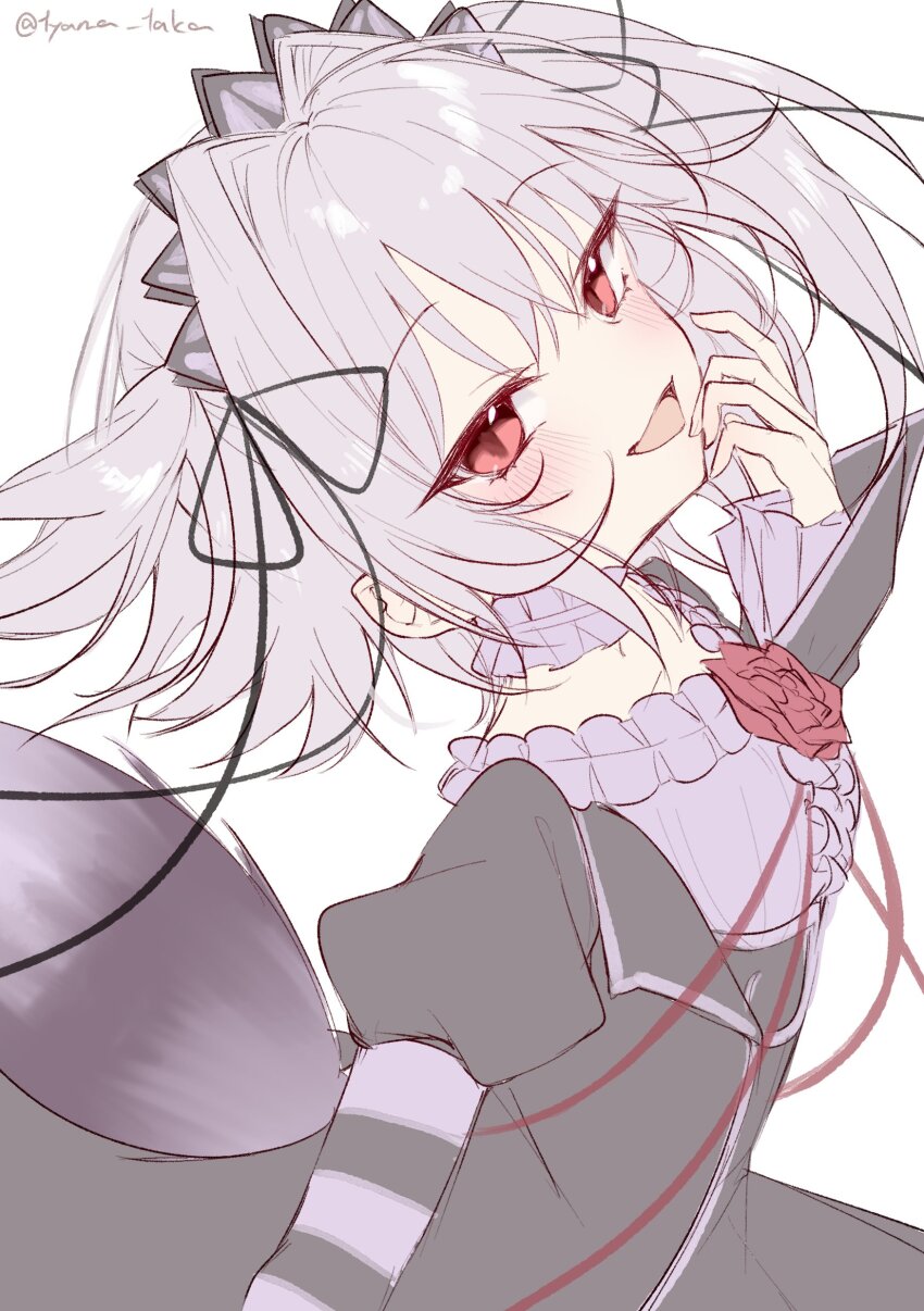 1girl :d absurdres black_dress black_hairband black_ribbon cat_tail choker commentary dress dress_flower eyes_visible_through_hair floating_hair flower frilled_choker frills gothic_lolita hair_between_eyes hair_intakes hair_ribbon hairband hand_up hapymaher highres juliet_sleeves lolita_fashion long_sleeves looking_at_viewer medium_hair naitou_maia open_mouth puffy_sleeves red_eyes red_flower red_ribbon red_rose ribbon rose simple_background sketch slit_pupils smile solo tail tsurime twitter_username two_side_up tyama_taka upper_body white_background