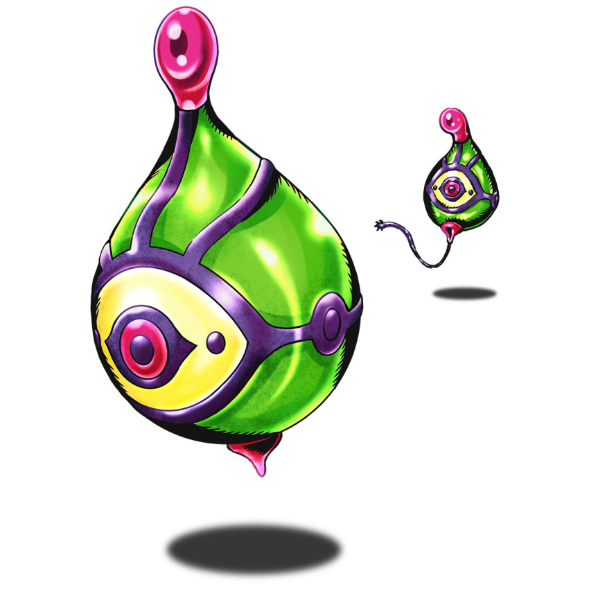 algomon algomon_baby_i colored_sclera colored_skin digimon floating green_skin multicolored_eyes official_art pink_eyes shadow simple_background white_background yellow_sclera