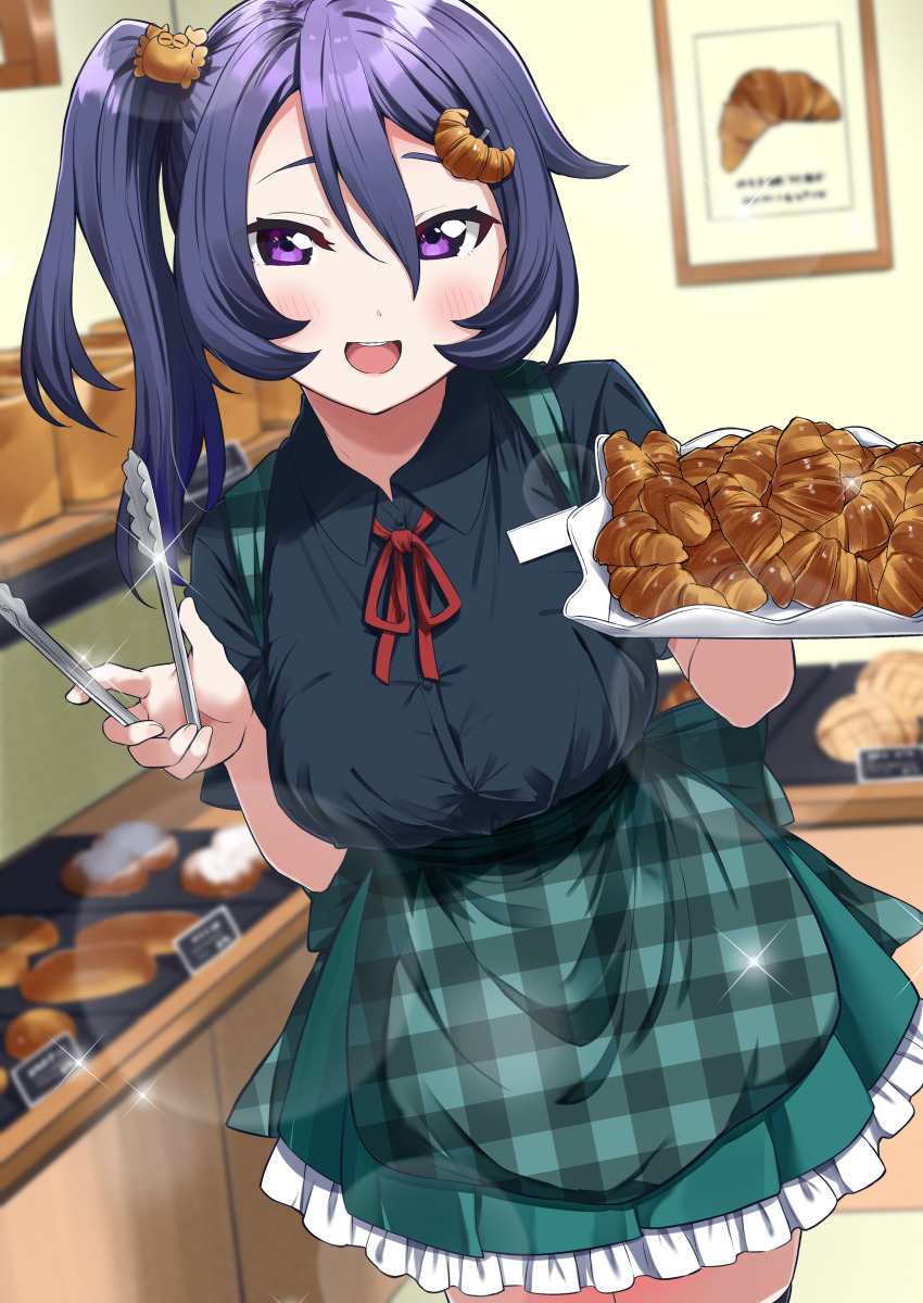 1girl absurdres bakery bread bread_hair_ornament breasts croissant food food-themed_hair_ornament hair_ornament highres large_breasts original purple_eyes purple_hair red_ribbon ribbon school_uniform shop side_ponytail totoki86