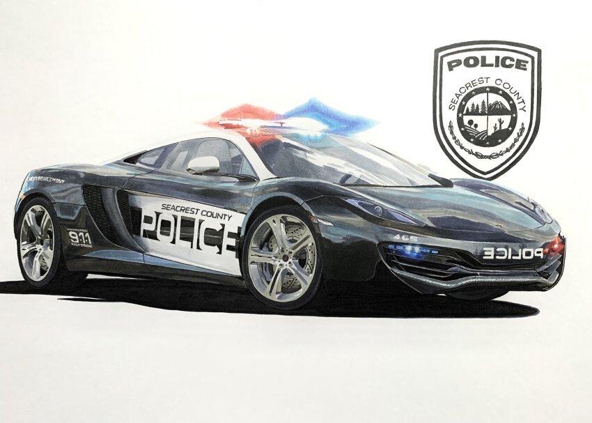 black_car car glowing highres mclaren mclaren_mp4-12c motor_vehicle need_for_speed need_for_speed:_hot_pursuit_(2010) no_humans police police_car shadow sports_car sumakun traditional_media vehicle_focus