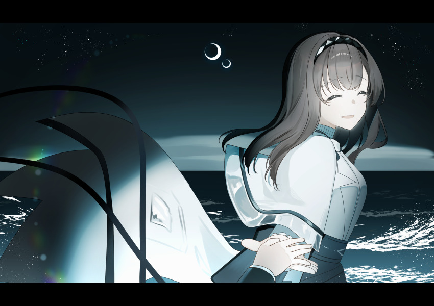 1girl :d ^_^ absurdres arknights black_hairband brown_hair closed_eyes commentary crescent_moon facing_viewer hairband highres horizon lens_flare long_hair long_sleeves moon multiple_moons night nishimiya_aki ocean open_mouth outdoors pov pov_hands priestess_(arknights) sea_spray smile star_(sky) water