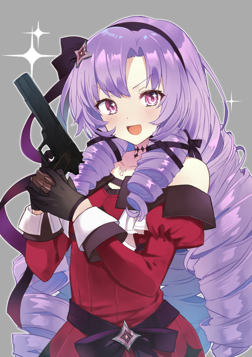 1girl :d ahase_hino bare_shoulders black_gloves black_hairband black_ribbon blush breasts chest_tattoo claw_ring collarbone commentary_request curtained_hair dress drill_hair drill_sidelocks gloves gun hair_ribbon hairband handgun highres holding holding_gun holding_weapon hyakumantenbara_salome hyakumantenbara_salome_(1st_costume) juliet_sleeves long_hair long_sleeves looking_at_viewer medium_breasts nijisanji off-shoulder_dress off_shoulder open_mouth parted_bangs partial_commentary puffy_sleeves purple_eyes purple_hair quad_drills red_dress ribbon scorpion_tattoo sidelocks smile solo sparkling_eyes tattoo upper_body very_long_hair virtual_youtuber weapon