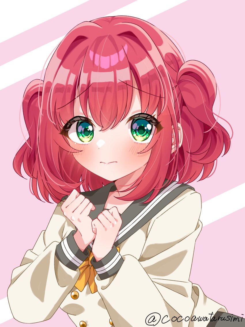 1girl 3: bow bowtie buttons clenched_hands closed_mouth commentary_request double-breasted fukune_koko green_eyes grey_sailor_collar grey_skirt hair_intakes highres kurosawa_ruby long_sleeves looking_at_viewer love_live! love_live!_sunshine!! medium_hair nervous own_hands_together pink_background raised_inner_eyebrows red_hair sailor_collar school_uniform shirt sidelocks simple_background skirt solo split_mouth twitter_username two_side_up upper_body uranohoshi_school_uniform white_shirt winter_uniform yellow_bow yellow_bowtie