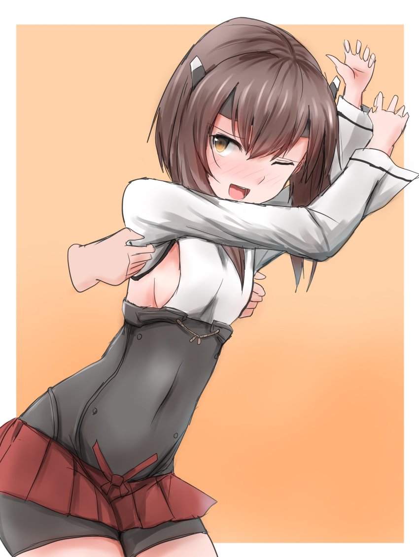 1girl absurdres armor bike_shorts black_shorts breastplate brown_eyes brown_hair commentary_request commission covered_navel cowboy_shot detached_sleeves disembodied_hand flat_chest headband headgear highres kamaboko_senshi kantai_collection leaning_forward looking_back one_eye_closed red_skirt shorts shorts_under_skirt skeb_commission skirt smile solo taihou_(kancolle) tickling tickling_armpits