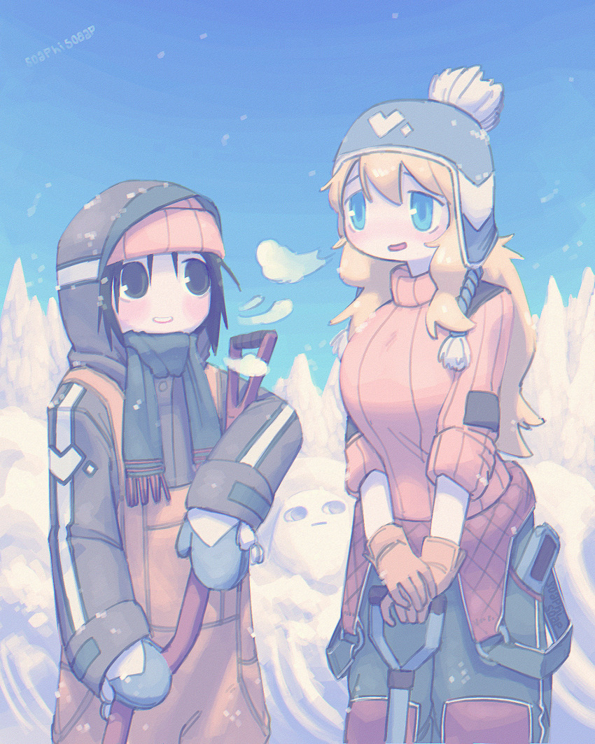 2girls alternate_costume alternate_universe beanie blonde_hair blue_eyes blue_hat blue_mittens blue_sky breasts brown_hair chito_(shoujo_shuumatsu_ryokou) chullo contemporary gloves grey_eyes hat heavy_breathing height_difference highres holding holding_shovel jacket jumpsuit_partially_removed leaning_on_object mittens multiple_girls object_in_pocket orange_hat orange_overalls orange_sweater outdoors overalls pine_tree pocket pom_pom_hat_ornament ribbed_sweater scarf self-upload shoujo_shuumatsu_ryokou shovel sky snow snow_shovel snowflakes soaphisoap sweater tree yellow_gloves yuuri_(shoujo_shuumatsu_ryokou)