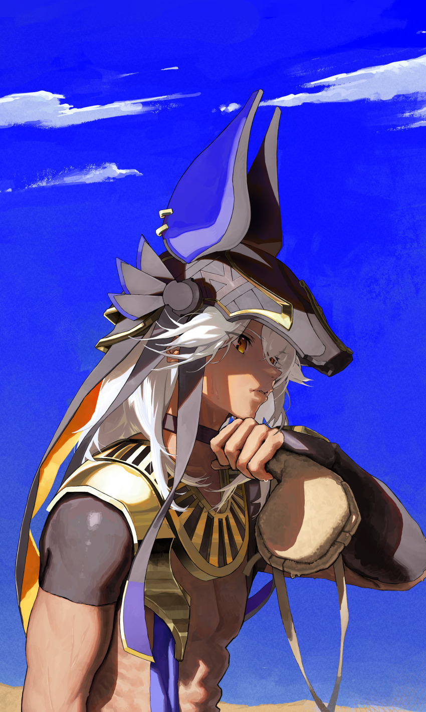 1boy abs absurdres animal_ears b:ga biceps blue_sky closed_mouth clothing_cutout cloud cyno_(genshin_impact) dark-skinned_male dark_skin drink fox_boy fox_ears from_side genshin_impact gloves hair_over_one_eye hat highres holding holding_drink jewelry long_hair male_focus sand_dune sky solo stomach_cutout white_hair wiping_face yellow_eyes