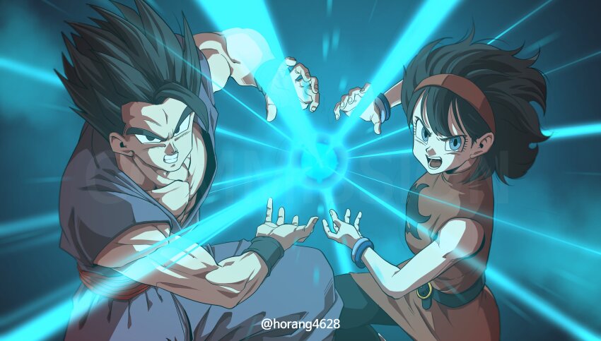 1boy 1girl absurdres bare_shoulders black_hair commission cowboy_shot dougi dragon_ball dragon_ball_super dragon_ball_super_super_hero dress headband highres horang4628 husband_and_wife kamehameha_(dragon_ball) medium_hair muscular muscular_male pants potential_unleashed powering_up purple_pants purple_shirt red_dress red_headband red_sash sash shirt short_hair son_gohan spiked_hair twitter_username videl